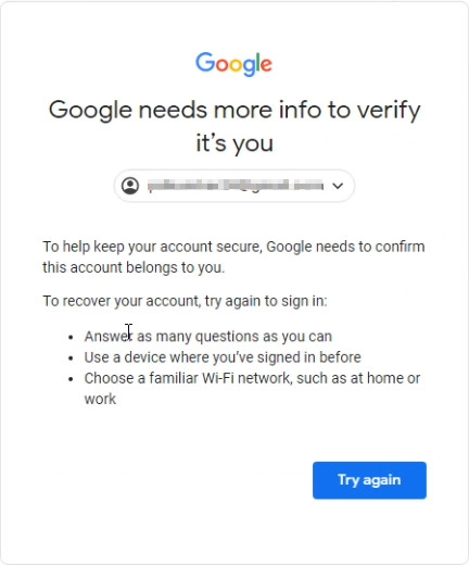 Step 8: Google needs more information to verify that it's you